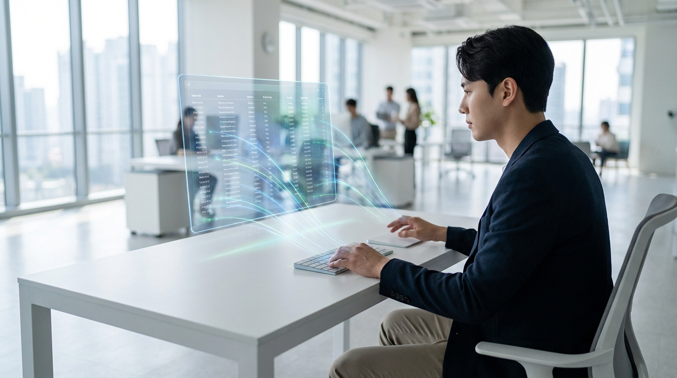 Un homme tape sur un clavier devant un écran holographique affichant des données dans un bureau moderne et lumineux.