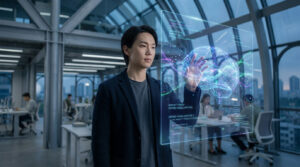 Jeune homme interagit avec un cerveau et du code sur un écran holographique dans un bureau moderne.