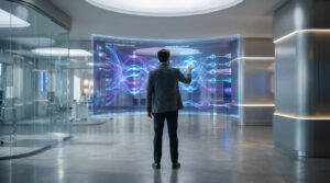 Un homme de dos, en costume, interagit avec un grand écran holographique affichant une architecture de réseau neuronal dans un bureau moderne.