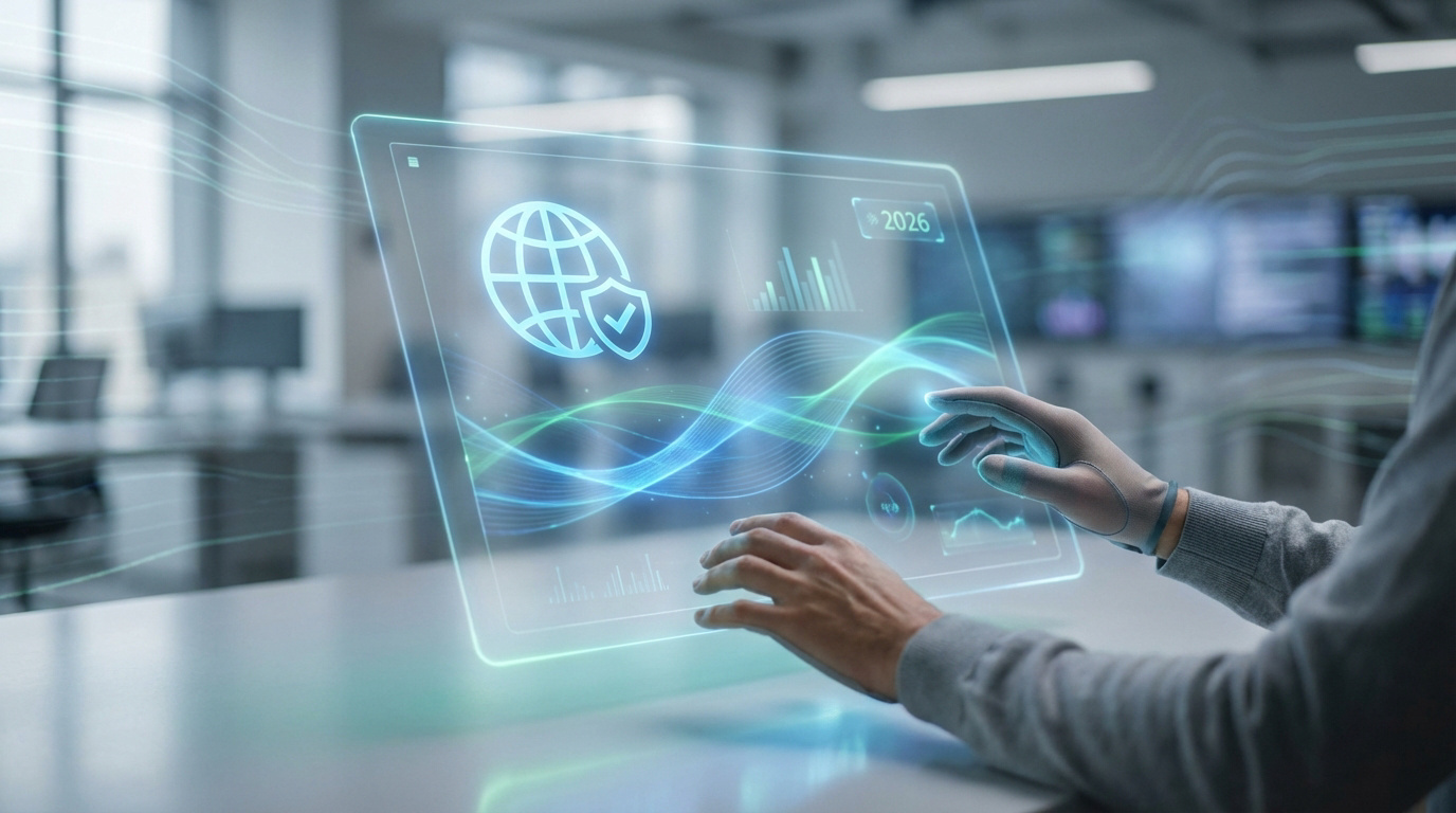 Une personne interagit avec un écran holographique affichant un globe, un bouclier de sécurité et l'année 2026 dans un bureau moderne.