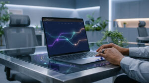 Mains sur un portable affichant des visualisations de flux de données lumineuses sur un bureau moderne, symbolisant l'intégration IA.