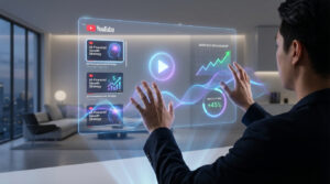 Homme en costume manipulant une interface YouTube holographique avec des vidéos et des graphiques de croissance IA.