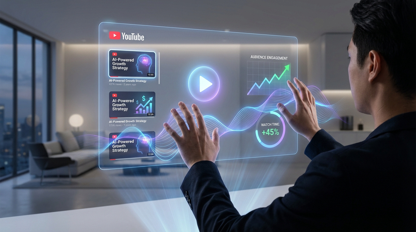 Homme en costume manipulant une interface YouTube holographique avec des vidéos et des graphiques de croissance IA.