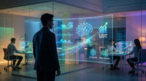 Un professionnel devant un écran holographique lumineux montre des icônes d'IA, de croissance, d'automatisation et de micro-services.