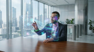 Un homme interagit avec une interface holographique colorée dans un bureau moderne. Il pointe du doigt des icônes d'IA avec un arrière-plan urbain.