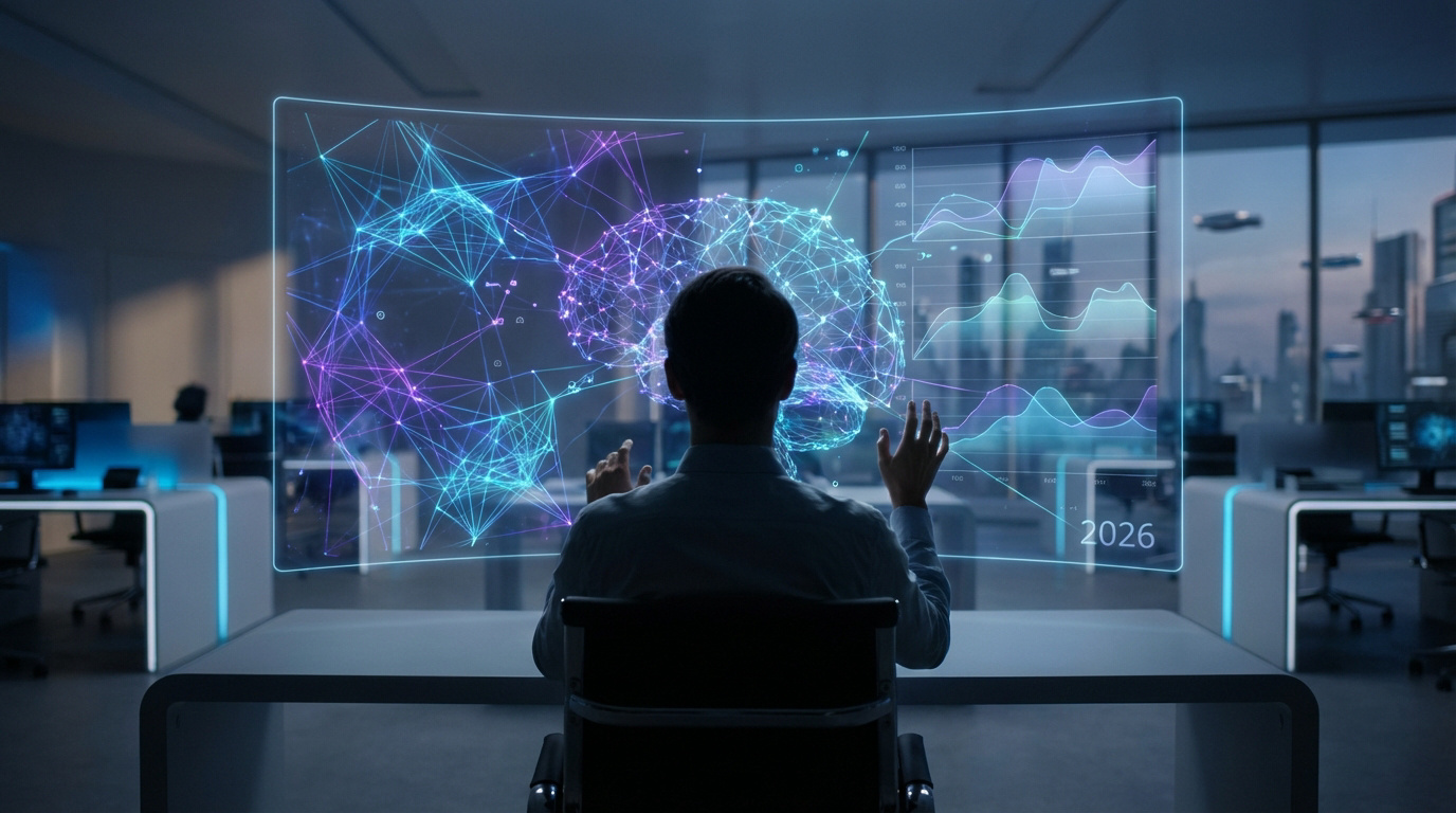 Homme interagissant avec un écran holographique IA affichant un cerveau numérique et des graphiques. Scène de bureau futuriste avec '2026'.