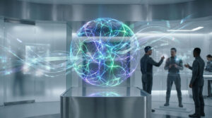 Scène futuriste avec un globe holographique lumineux et des personnes travaillant sur des interfaces IA. Représente la recherche d'information.