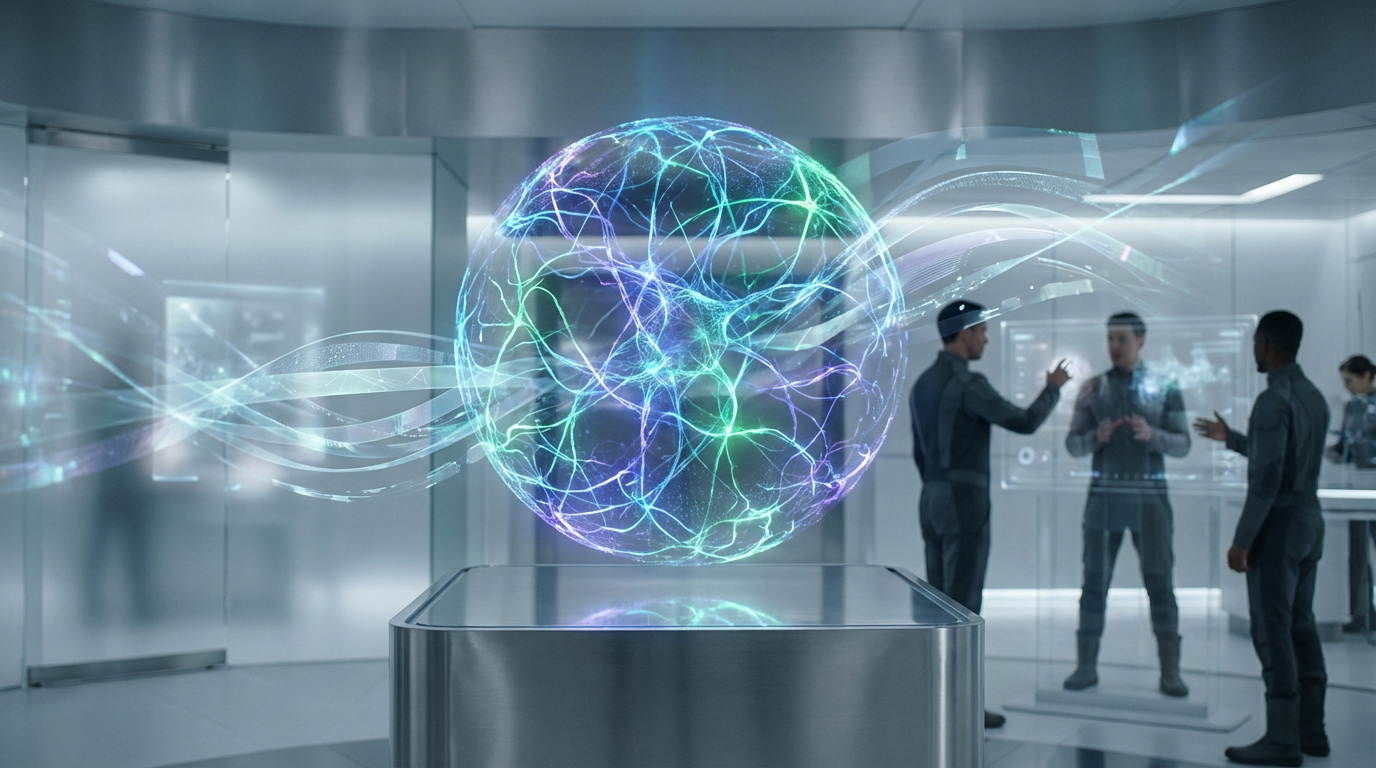 Scène futuriste avec un globe holographique lumineux et des personnes travaillant sur des interfaces IA. Représente la recherche d'information.