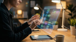 Une personne interagit avec un écran holographique affichant un diagramme de flux de travail. Bureau moderne avec tablette, café.