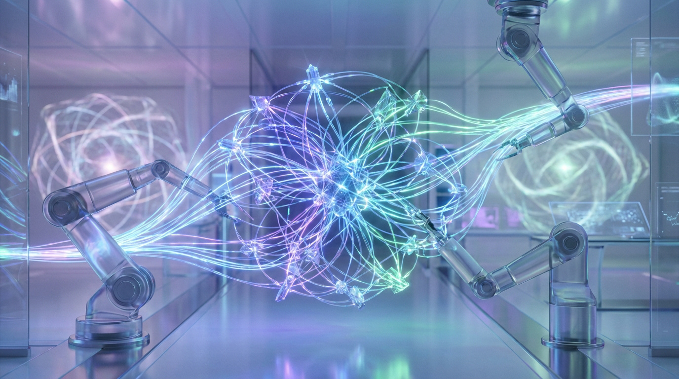 Des bras robotiques manipulent un réseau lumineux complexe de données dans un environnement technologique futuriste, évoquant l'IA.