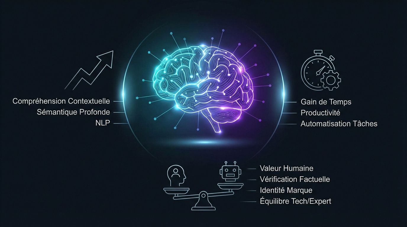 Graphique illustrant l'évolution de la productivité SEO grâce à l'équilibre entre IA et expertise humaine