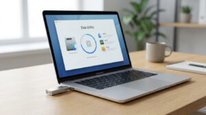MacBook Pro affichant l'Utilitaire de disque pour formater une clé USB insérée. L'ordinateur est posé sur un bureau en bois.