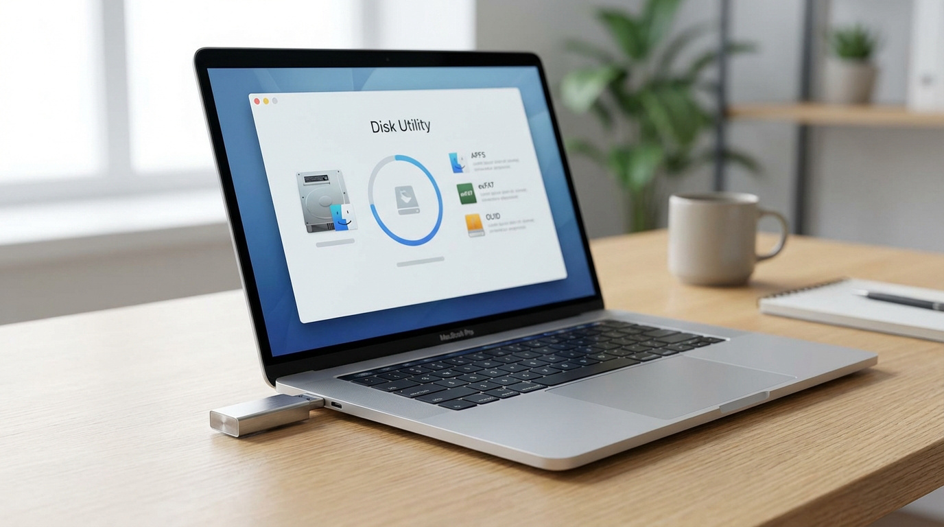 MacBook Pro affichant l'Utilitaire de disque pour formater une clé USB insérée. L'ordinateur est posé sur un bureau en bois.