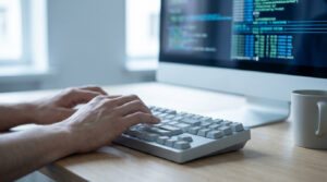 Mains tapant sur un clavier d'ordinateur, avec un écran affichant du code et une tasse sur un bureau en bois clair.