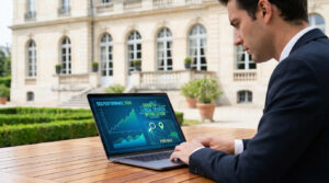 Homme en costume travaillant sur un laptop avec écran "SEO Performance" et "Local Search Optimization" devant un bâtiment à Versailles.