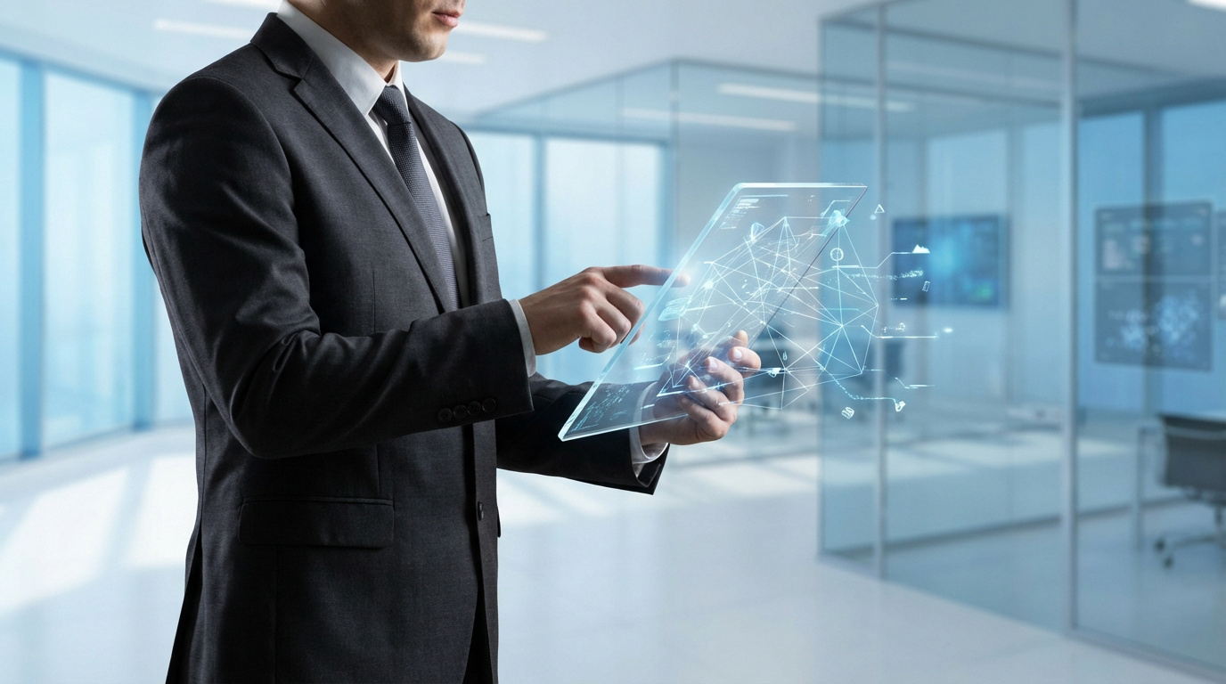 Un homme d'affaires manipule une tablette transparente avec une interface de données futuriste dans un bureau moderne.