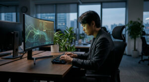 Homme asiatique concentré devant un écran d'ordinateur affichant du code. Il tape sur un clavier rétroéclairé dans un bureau moderne.