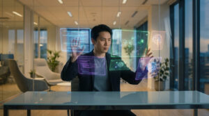 Homme asiatique interagissant avec des interfaces holographiques de programmation IA, affichant code et schémas cérébraux, dans un bureau moderne.