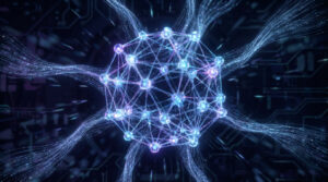 Représentation abstraite d'un réseau neuronal IA avec des nœuds lumineux interconnectés et des filaments de données sur fond sombre.