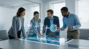 Quatre professionnels analysent des données d'audience cible sur un écran interactif holographique dans une salle de réunion moderne.