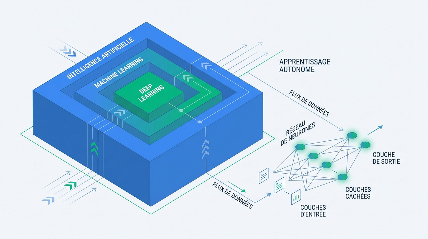 Schéma de la hiérarchie entre l'IA, le Machine Learning et le Deep Learning avec structure de réseau de neurones