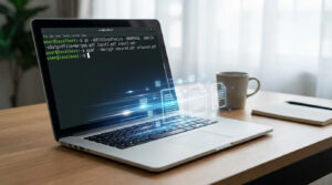 Un ordinateur portable affiche un terminal Linux avec des commandes de gestion de PDF (fusion, déchiffrement). Des icônes de documents s'échappent de l'écran.