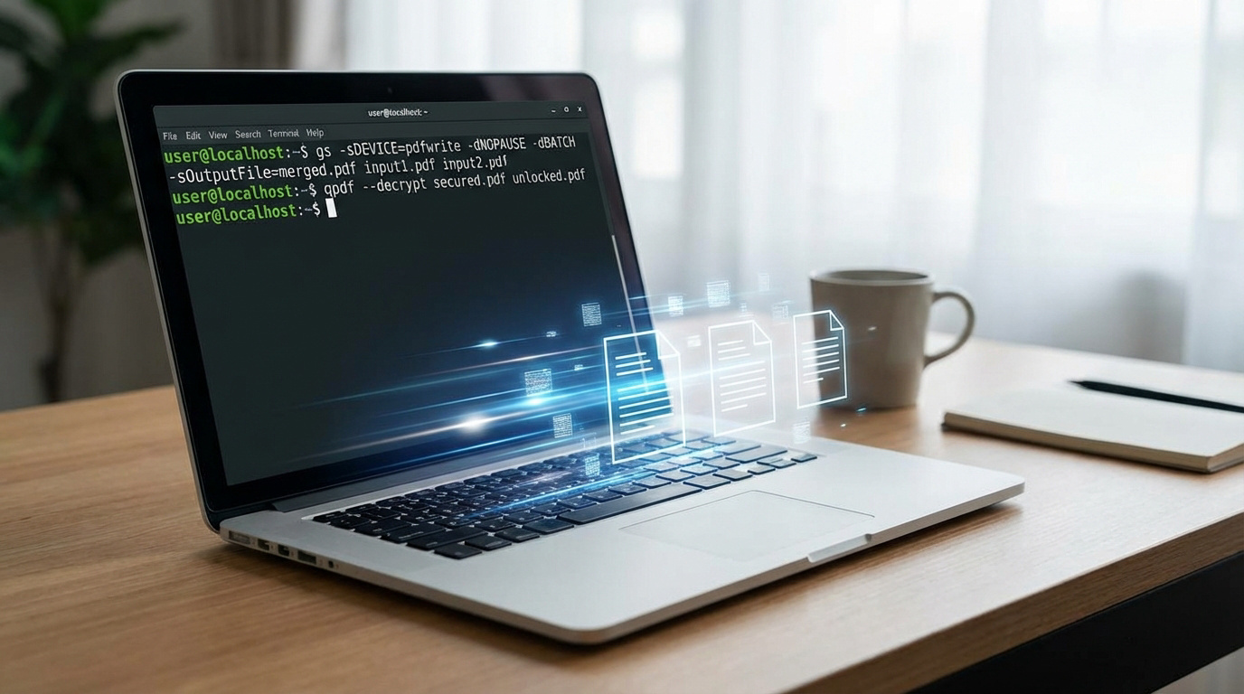 Un ordinateur portable affiche un terminal Linux avec des commandes de gestion de PDF (fusion, déchiffrement). Des icônes de documents s'échappent de l'écran.